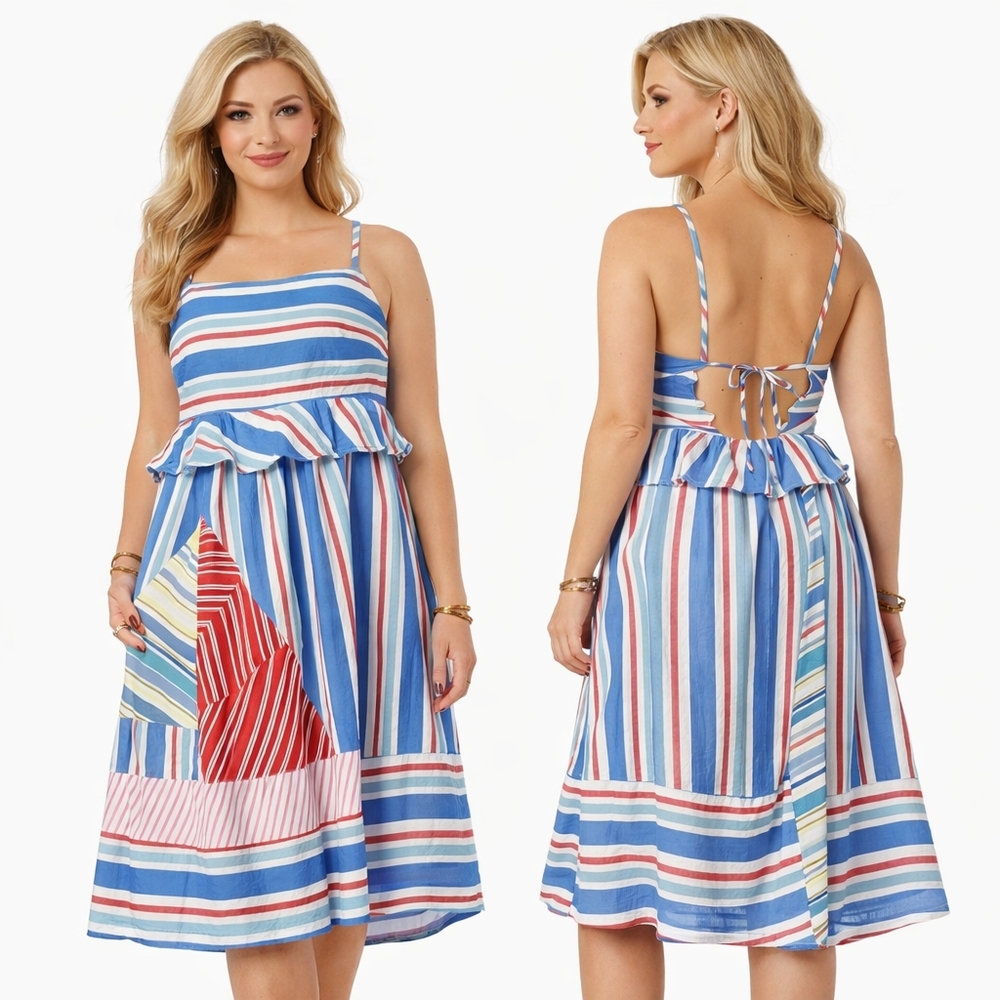 ANTHROPOLOGIE CELANDINE Midi Dress Womens Petite Medium Blue Red Ruffles Preppy